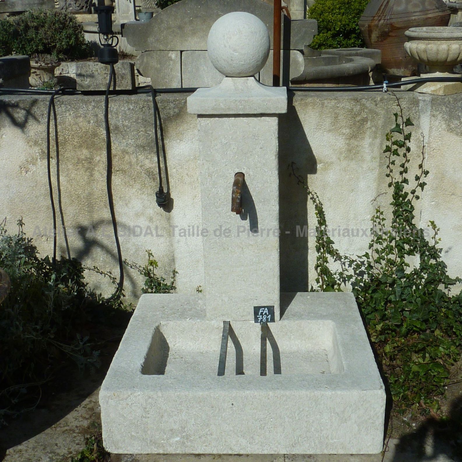 Lovely small antique white stone fountain with column and stone sphere ** SOLD