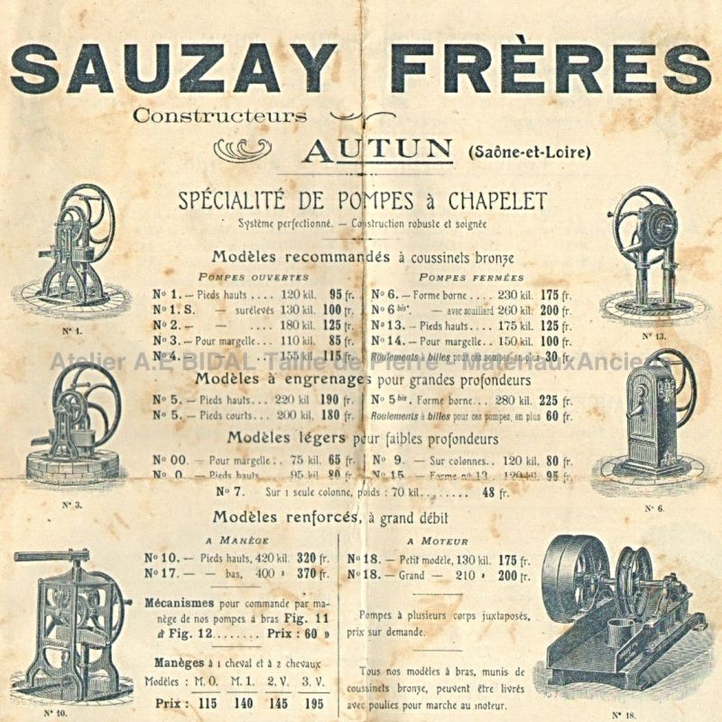 Ancienne pompe à chapelet | Ancien prospectus de la société Sauzay Frères à Autun