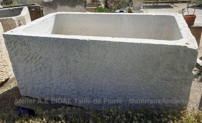 Large antique trough in white stone : massive trough on sale at Alain BIDAL, Antique Materials in Provence.