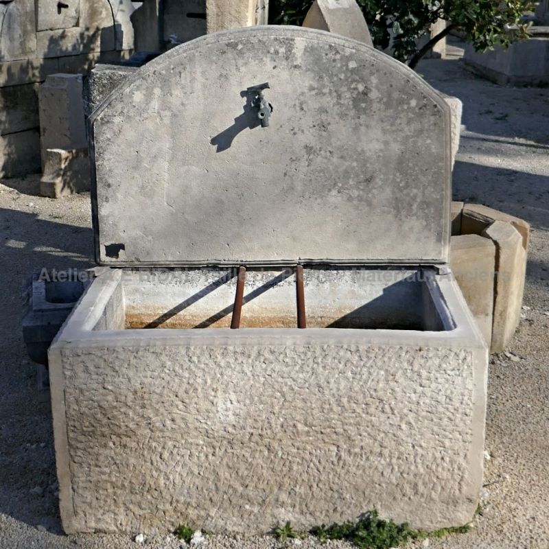Old fountain with stone pediment and antique trough | Decorative garden fountain for sale in Provence.