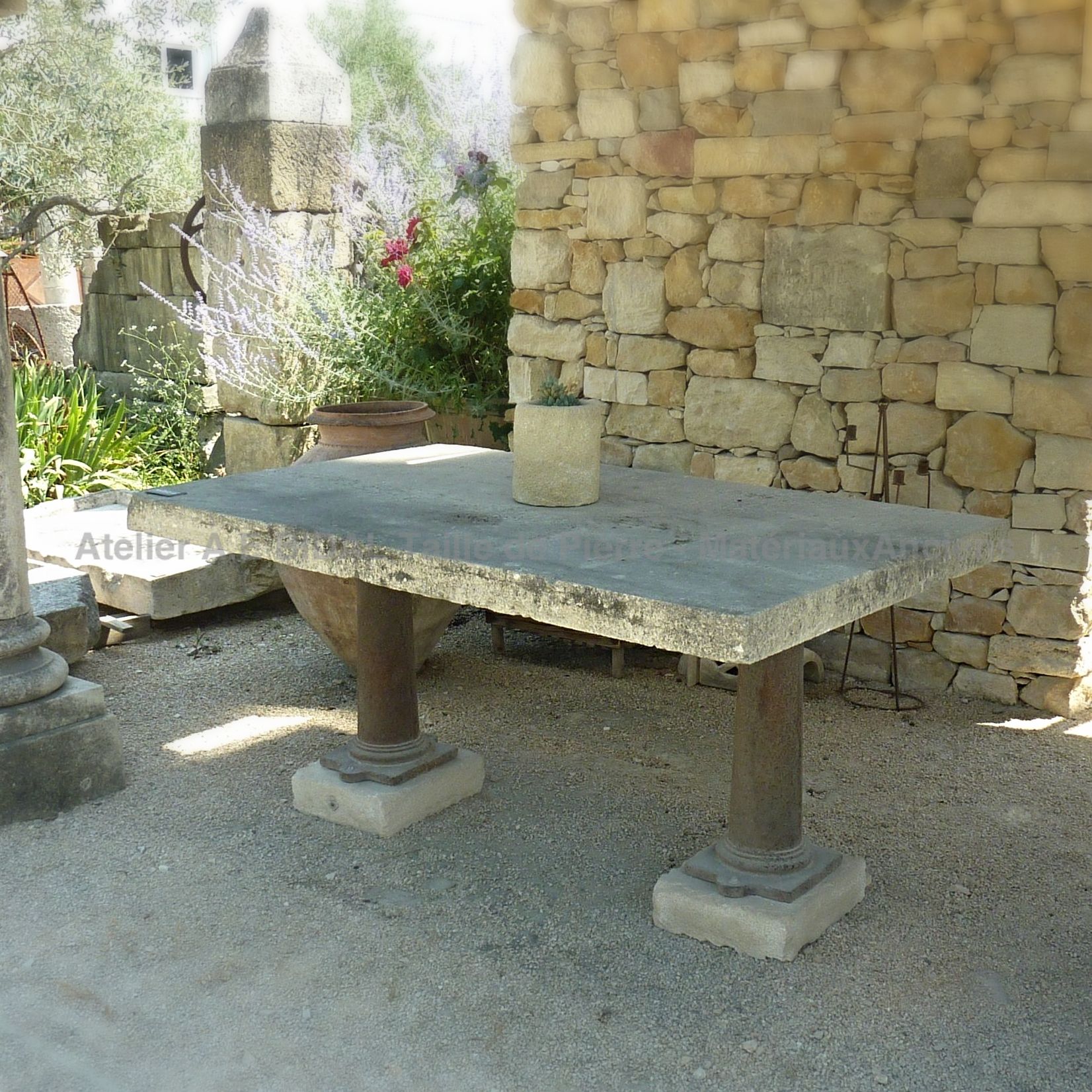 Old table for 8 guests, made of old materials - old garden furniture.