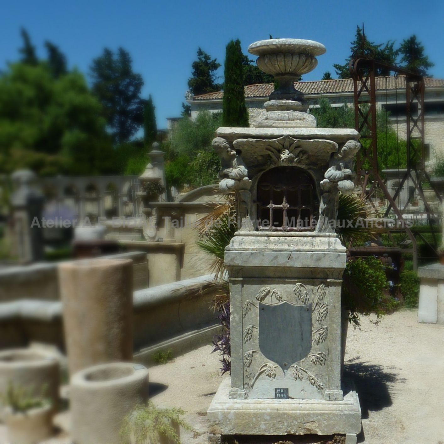 Old stone funerary monuments: an oratory carved with religious elements 235x93 cm.