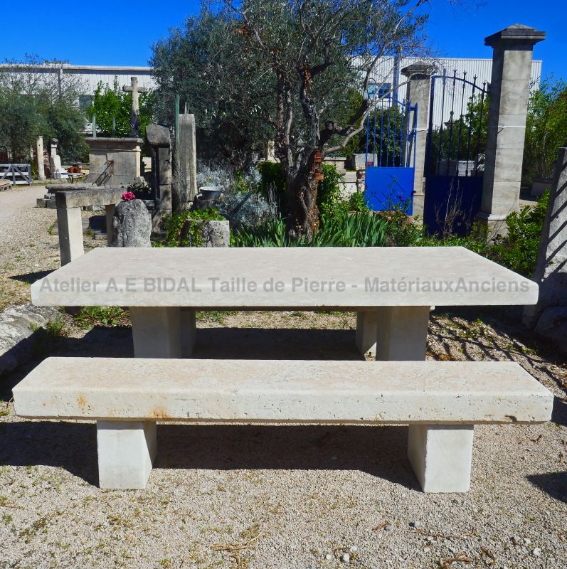Long stone table and its stone benches : Garden furniture by Atelier Alain BIDAL (Provence)