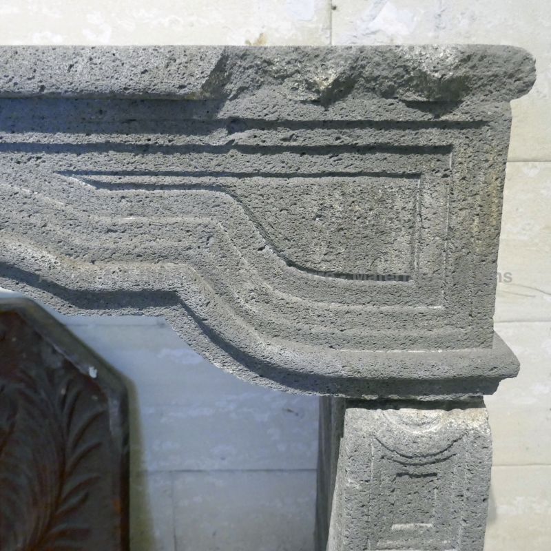 Elegant 19th century mantelpiece in gray Volvic stone for sale at Atelier Alain BIDAL, Provence