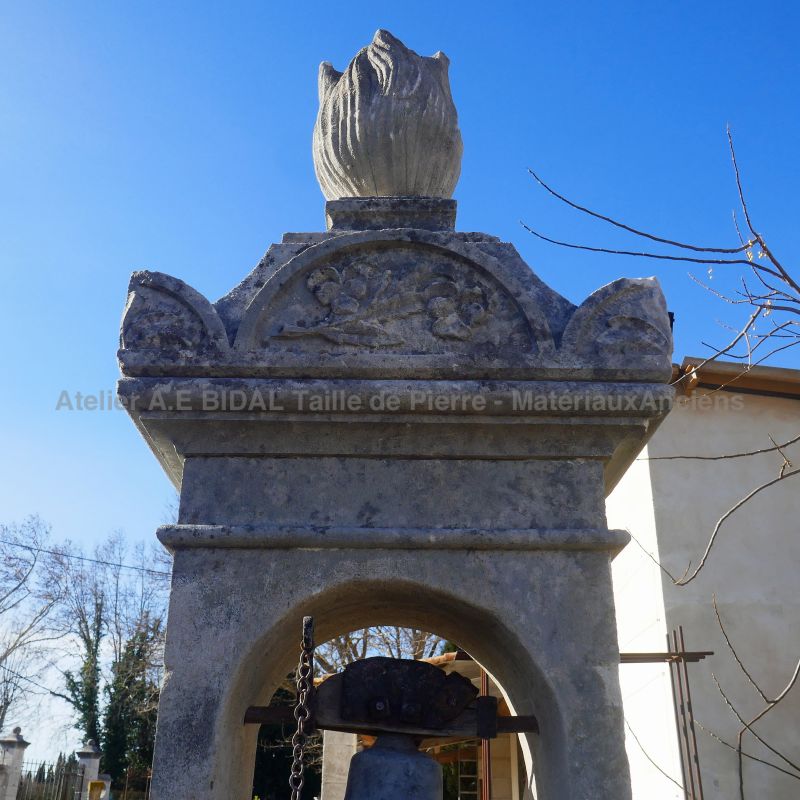 Stone bell tower and its bronze bell for garden decoration : handcrafted by Alain Bidal (Provence)