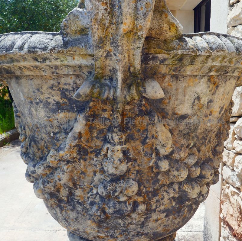 Pair of garden vases with patinated stone support by The Antique Materials in Provence Alain BIDAL