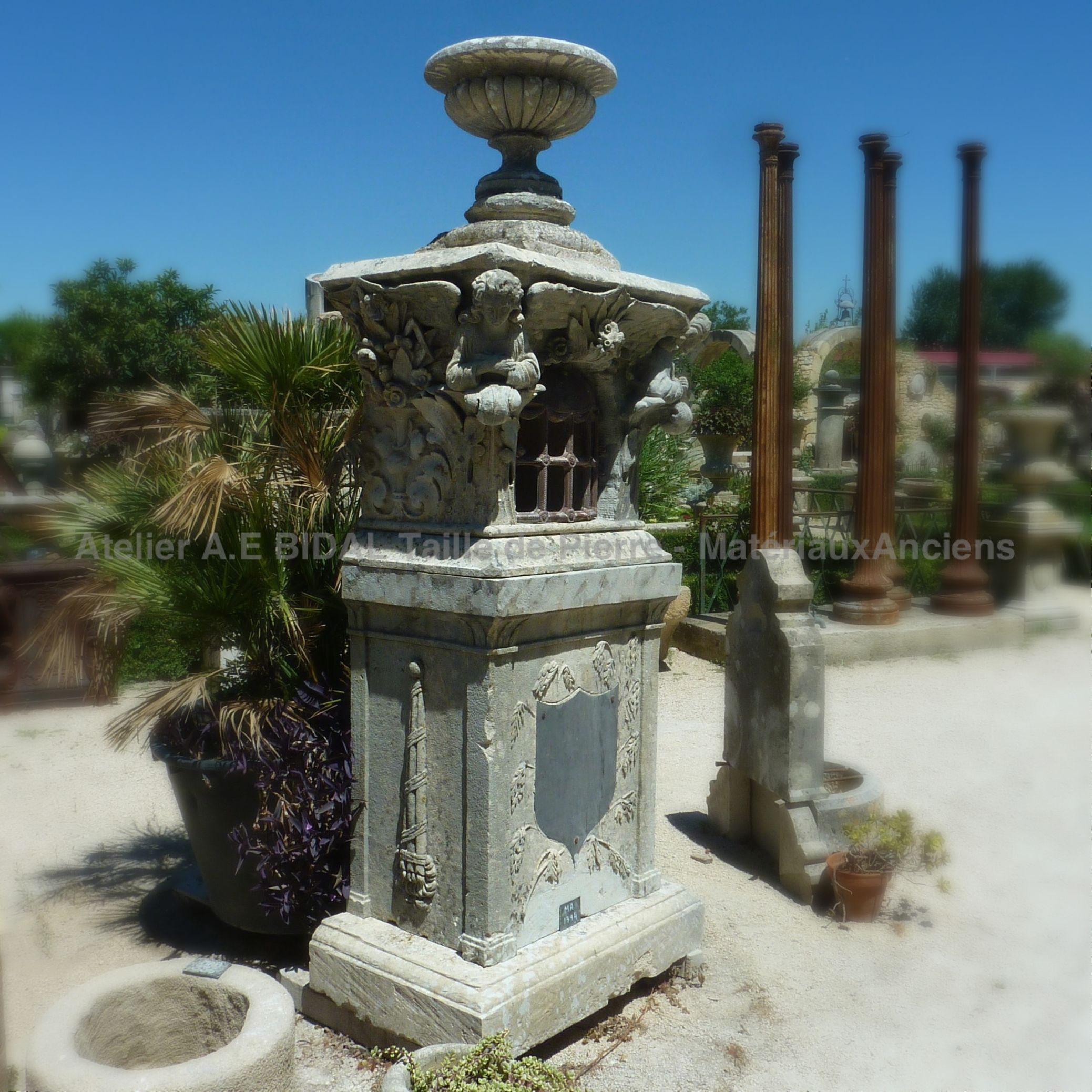 Religious elements: stone oratory with antique vase.