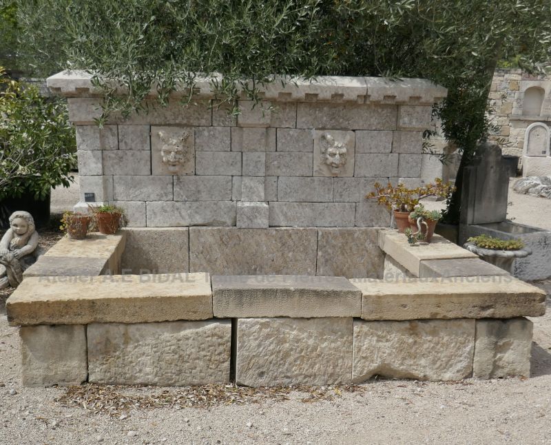 Large fountain in old stones | Garden fountain with rectangular basin and elegant pediment for sale in Provence at the stonemason BIDAL.