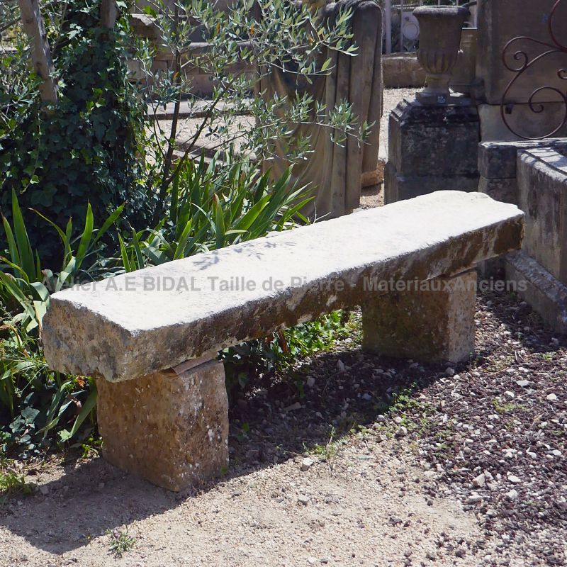 Antique garden furniture in stone : old stone garden bench by Alain BIDAL