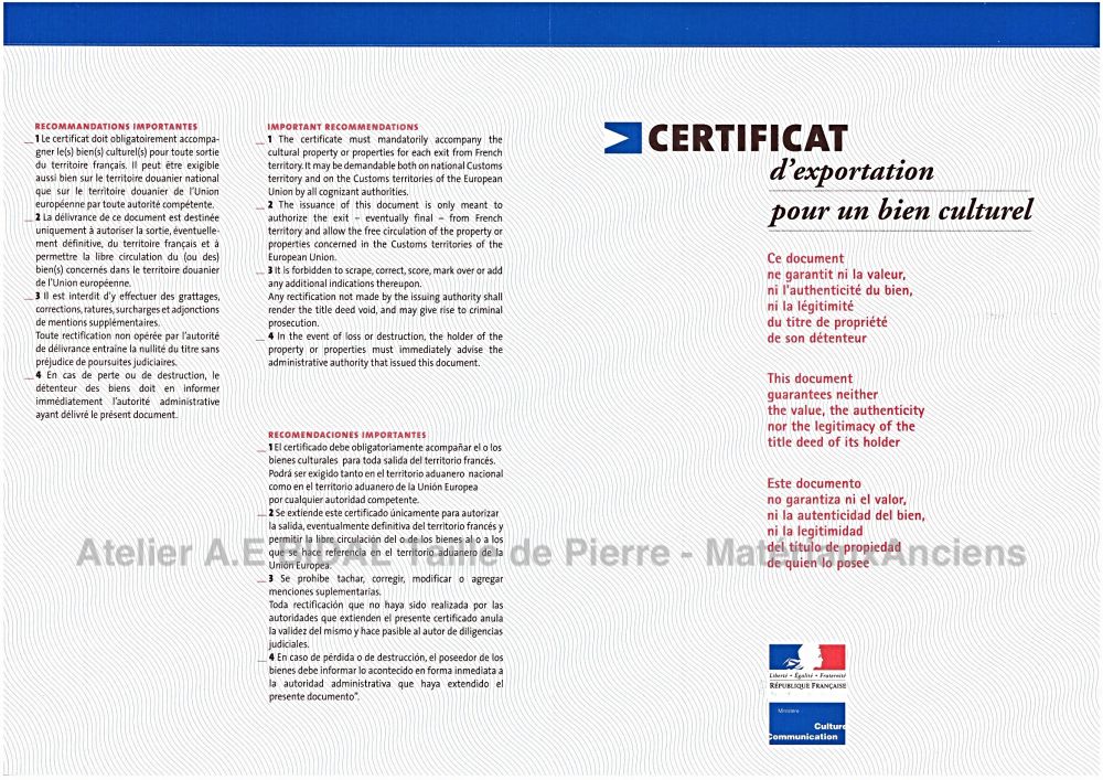 Matériaux Anciens Alain Bidal ǀ Documents d'exportation et Législation pour les biens culturels français de plus de 100 ans d'age.