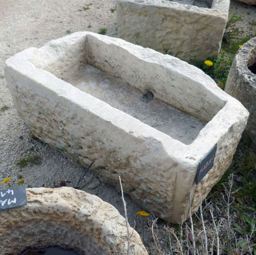 Charming small-sized antique stone trough : old trough in patinated stone by Atelier Alain BIDAL