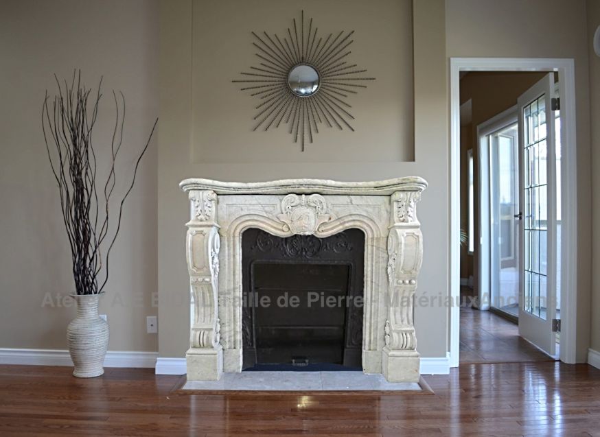 Example of a beautiful antique marble fireplace from Bidal : exceptional Napoleon III fireplace in white marble.
