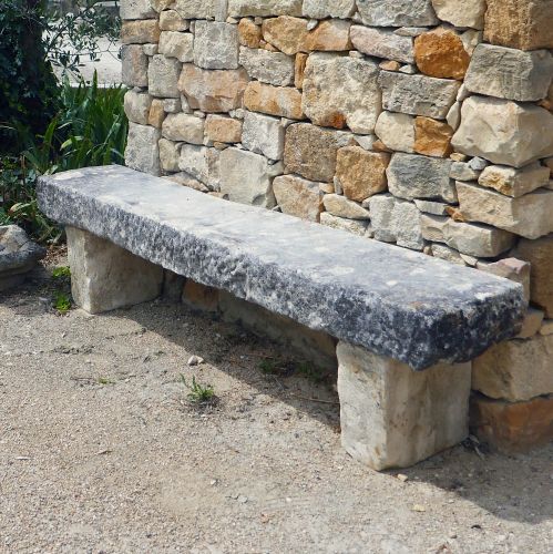 Large old stone bench with massive legs - antique garden furniture by Atelier Alain BIDAL