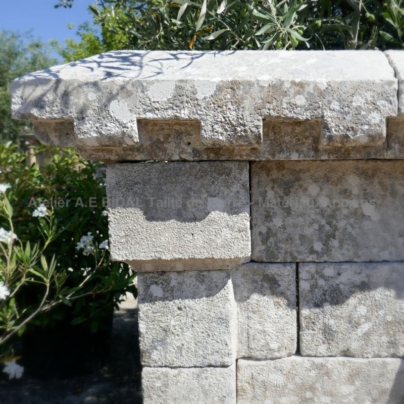 Detail of the sculptures hand carved on the cornice of our large natural stone fountain.
