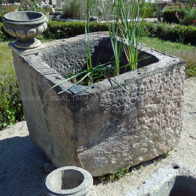 Rustic planter in stone : large antique trough in weathered stone - Atelier Alain BIDAL (Provence)