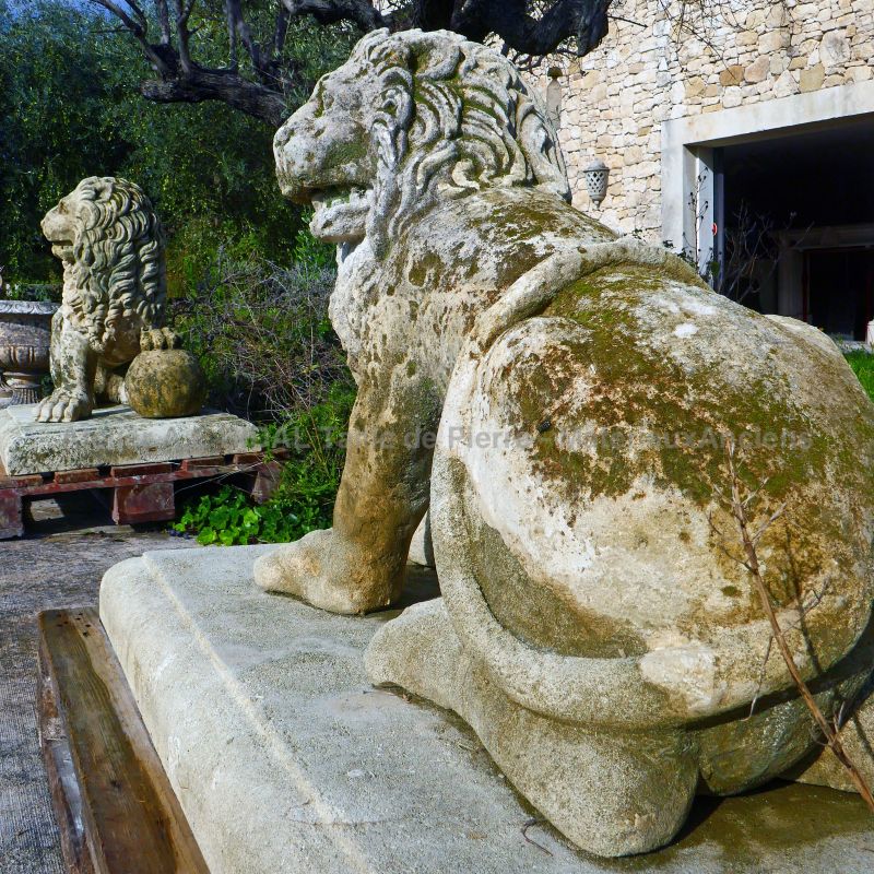 Old patinated stone lions dating from the 18th Century : Atelier Alain BIDAL (Provence)