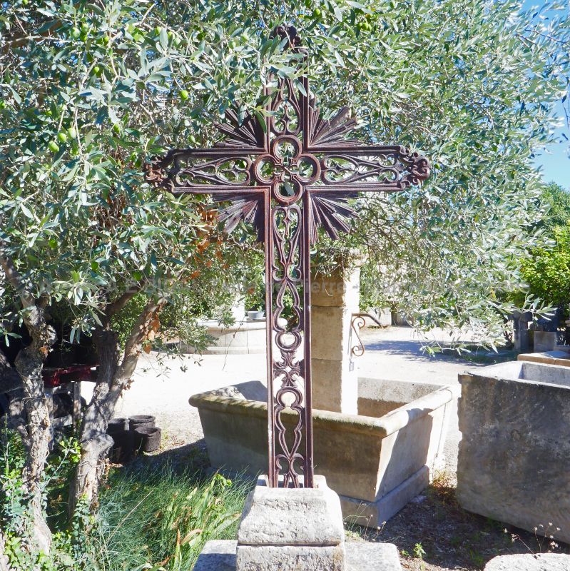 Antique cast iron Catholic cross with its weathered stone pedestal : Atelier Alain BIDAL (Provence)