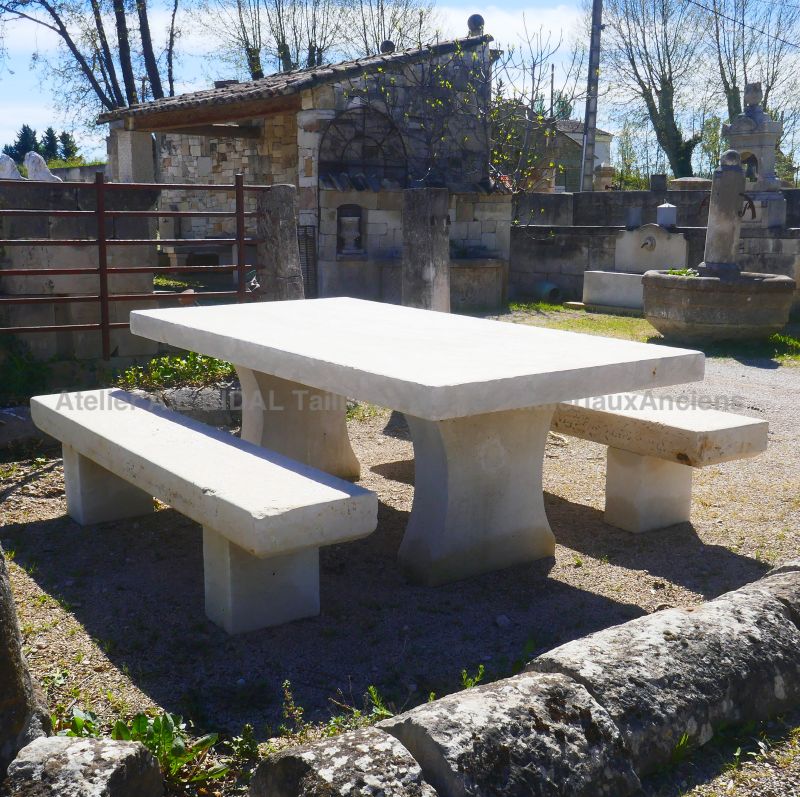 Sustainable garden furniture : long table and its 2 matching benches in stone by Atelier Alain BIDAL (Provence)