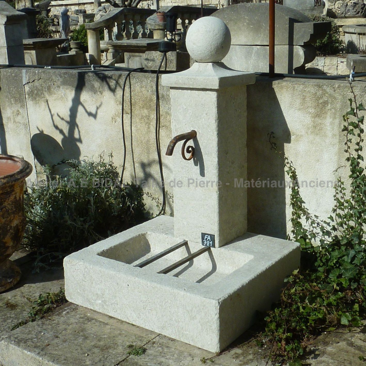 Lovely small antique white stone fountain with column and stone sphere ** SOLD