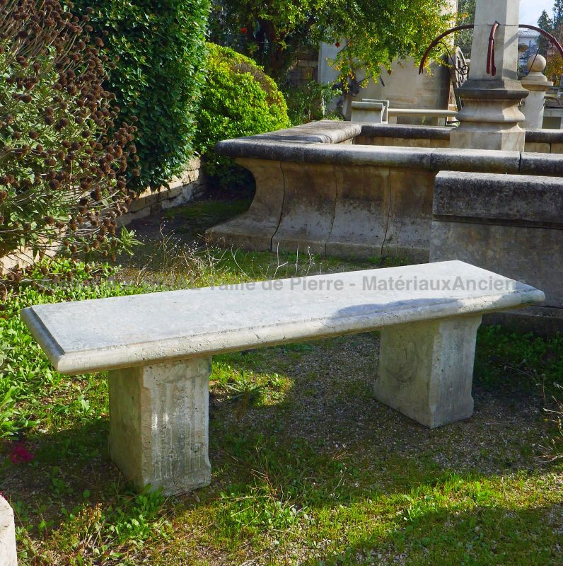 Sustainable garden furniture : long stone bench by Atelier Alain BIDAL (Provence)