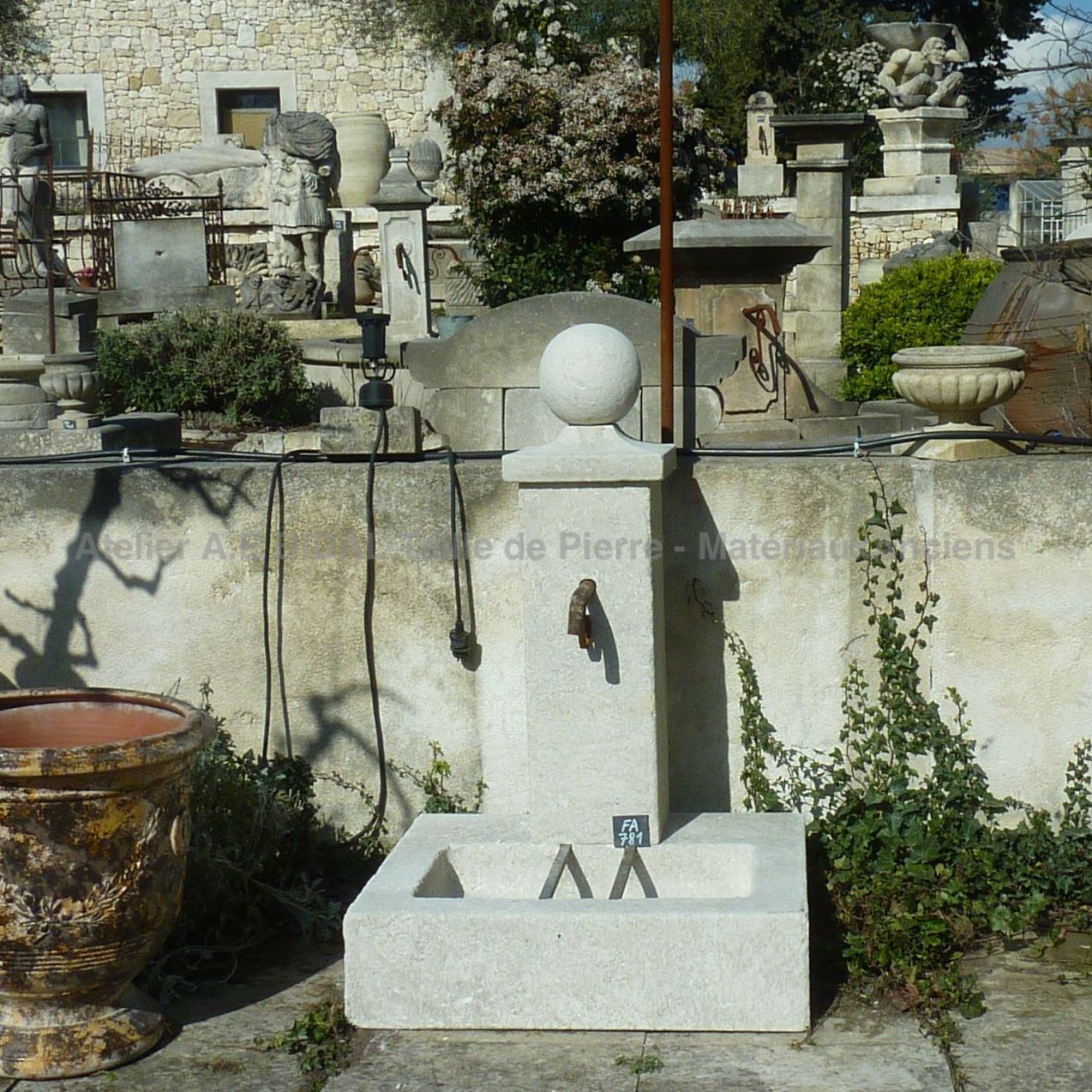 Lovely small antique white stone fountain with column and stone sphere ** SOLD
