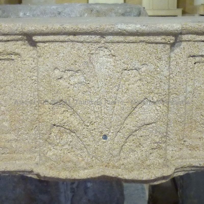 Palm pattern hand sculpted on our antique stone fireplace- Louis 15 stone fireplace.